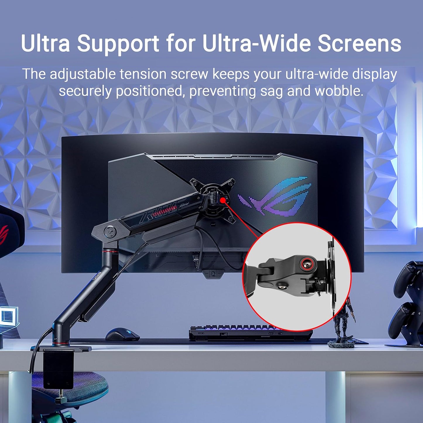 ROG Ergo Monitor Arm (AAS01R) – Mechanical Spring Monitor Mount with Desk Clamp and Grommet Mount, Holds Up to 49-inch* Within 13.5kg, Pivot/Swivel/Tilt/Rotation/Height Adjustable, VESA 100 x 100 mm