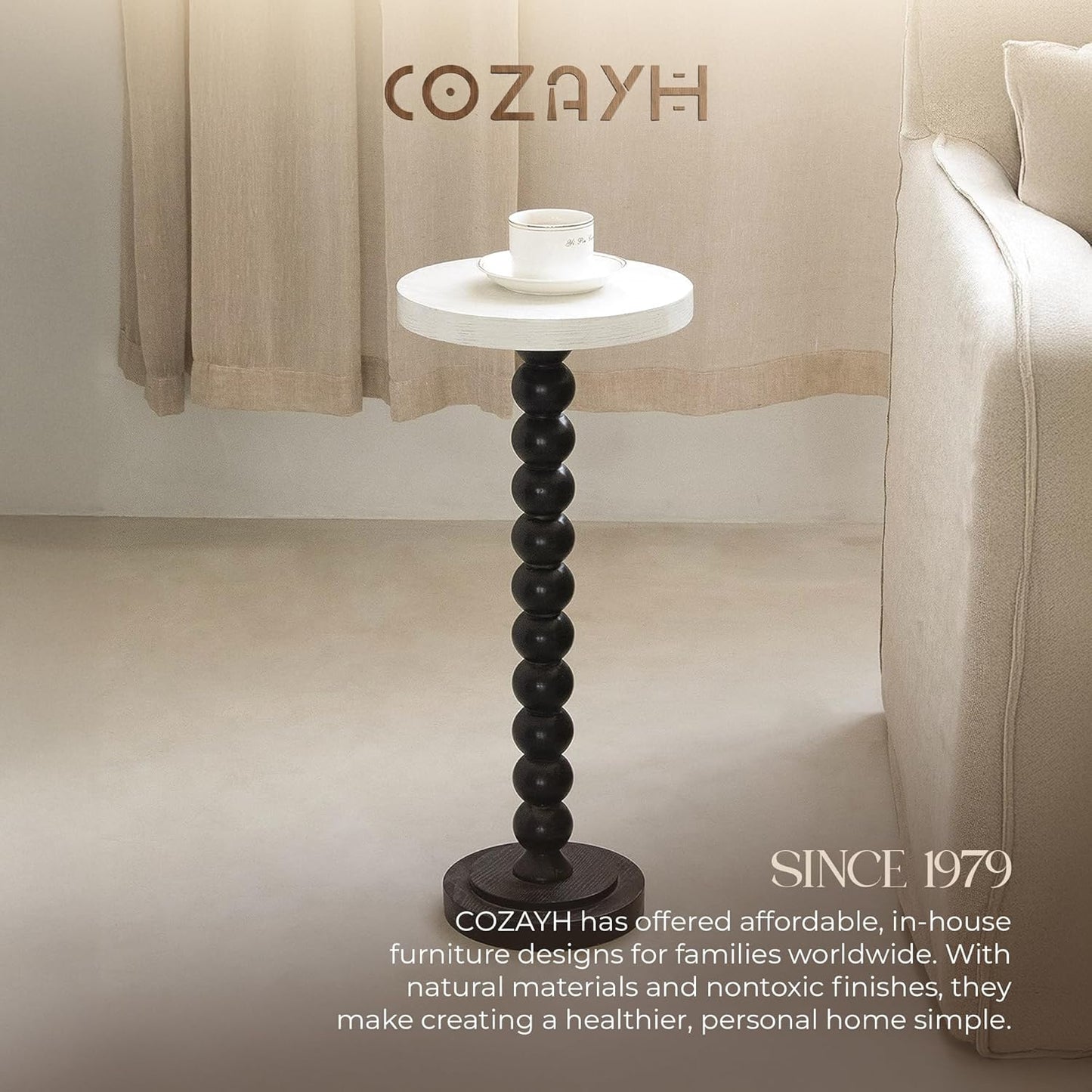 COZAYH 작은 받침대 엔드 테이블, 거실 액센트 사이드 테이블 디스플레이 스탠드, 나무 상단 및 디스트레스드 금속 스핀들 베이스가 있는 음료 테이블, 화이트 & 블랙