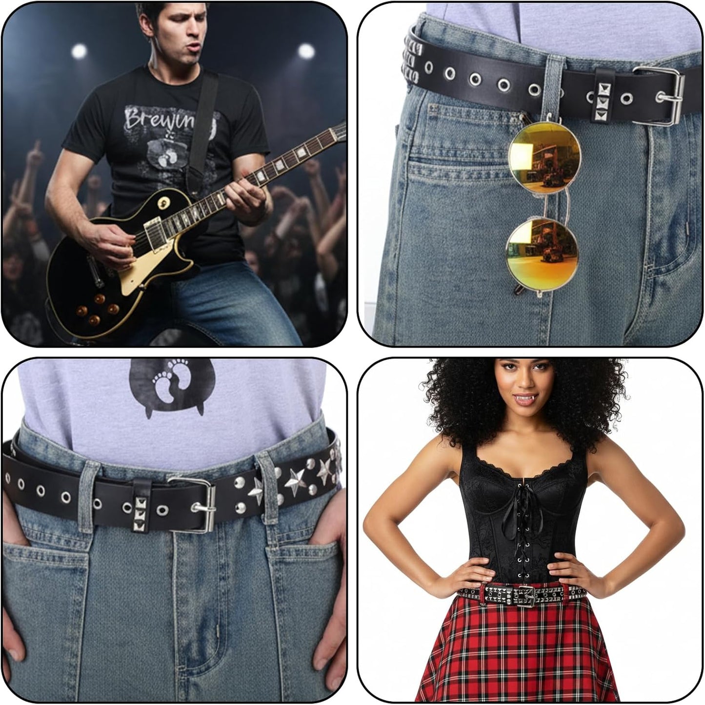 6Pcs Studded Belt Set for Men & Women - Punk Gothic Rivet Faux Leather Belts with Double Grommet, Square Studs, Small & Large Star Designs Adjustable Waist Belt for Jeans Costume Party Gift