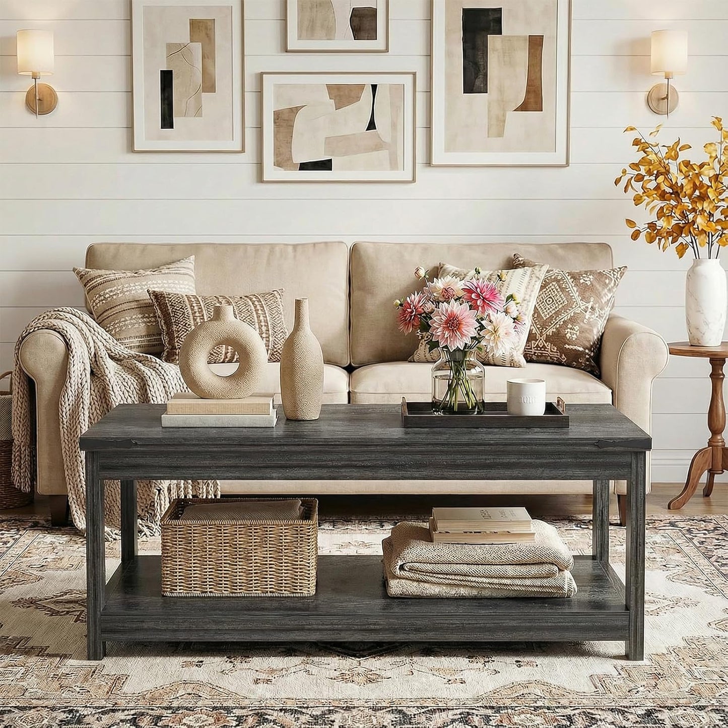 Homieasy 43.3” Rectangular Coffee Table with Storage Shelf, Farmhouse Wood Center Table for Living Room, Modern Black Tea Table with Open Shelf, Grey