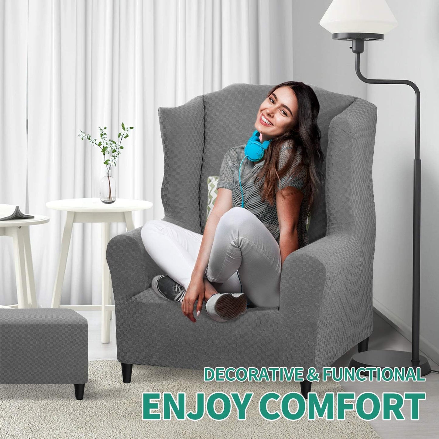 YEMYHOM 1 Piece Stretch Wingback Chair Slipcover Latest Jacquard Design Wing Chair Cover Non Slip Furniture Protector with Foam Rods for Living Room (Wing Chair, Light Gray)