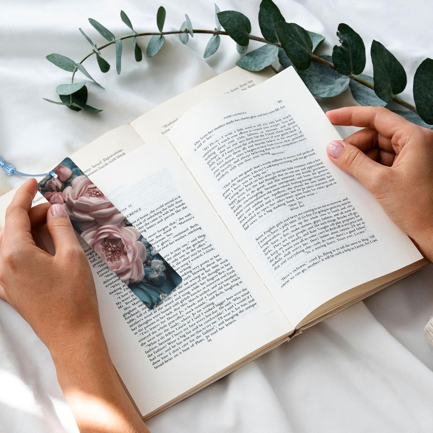 Luxurious Fabrics Bookmarks Gifts for Women Men, Wooden Bookmarks for Book Lovers, Vintage Book Marks Ornaments with Tassel, Unique Personalized Reading Page Markers Sky Blue