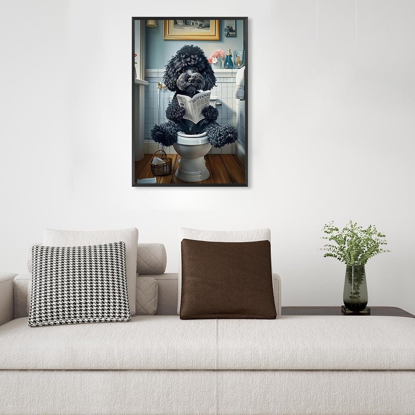 Whimsical Bathroom Canvas Wall Art Cute Black Teddy Dog On Toilet Reading Newspaper Posters Funny Humor Animal Aesthetic Painting For Home Apartment Restroom Wall Decor 12x16in Unframed