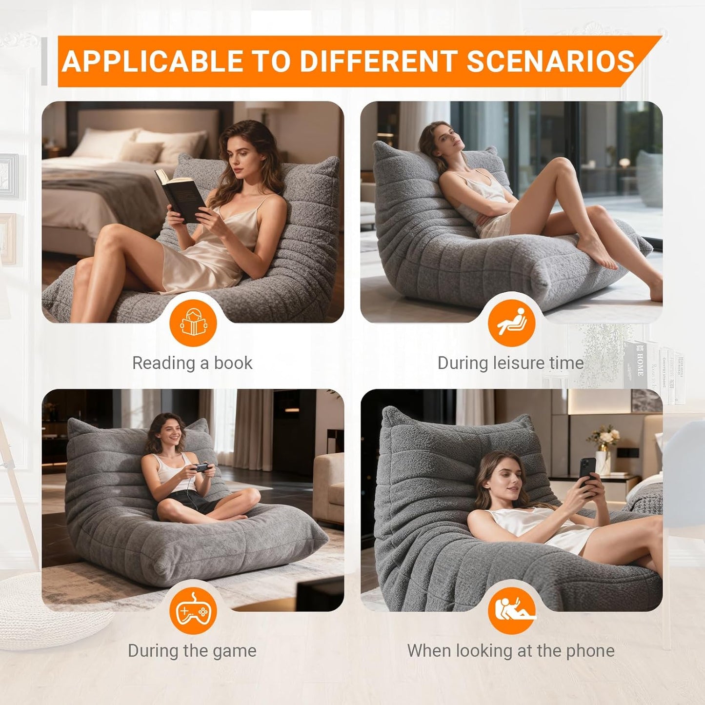 Gaming Bean Bag Chairs for Adults, Fireside Chair for Living Room with Memory Foam Filled, Accent Sofa Lounge Floor Sofa for Reading Dormitory Relax, No Assembly Required Gray