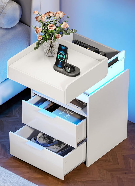 LED Night Stand with Gun Drawer, Smart Nightstand with Hidden Charging Station, Modern Beside Table with USB and Type-C Port for Bedroom (White)