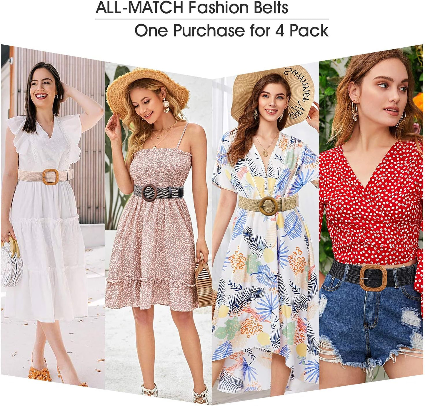 WHIPPY Set of 3/4 Straw Woven Elastic Stretch Waist Belts for Women, Fashion Boho Ladies Braided Skinny Dress Belt