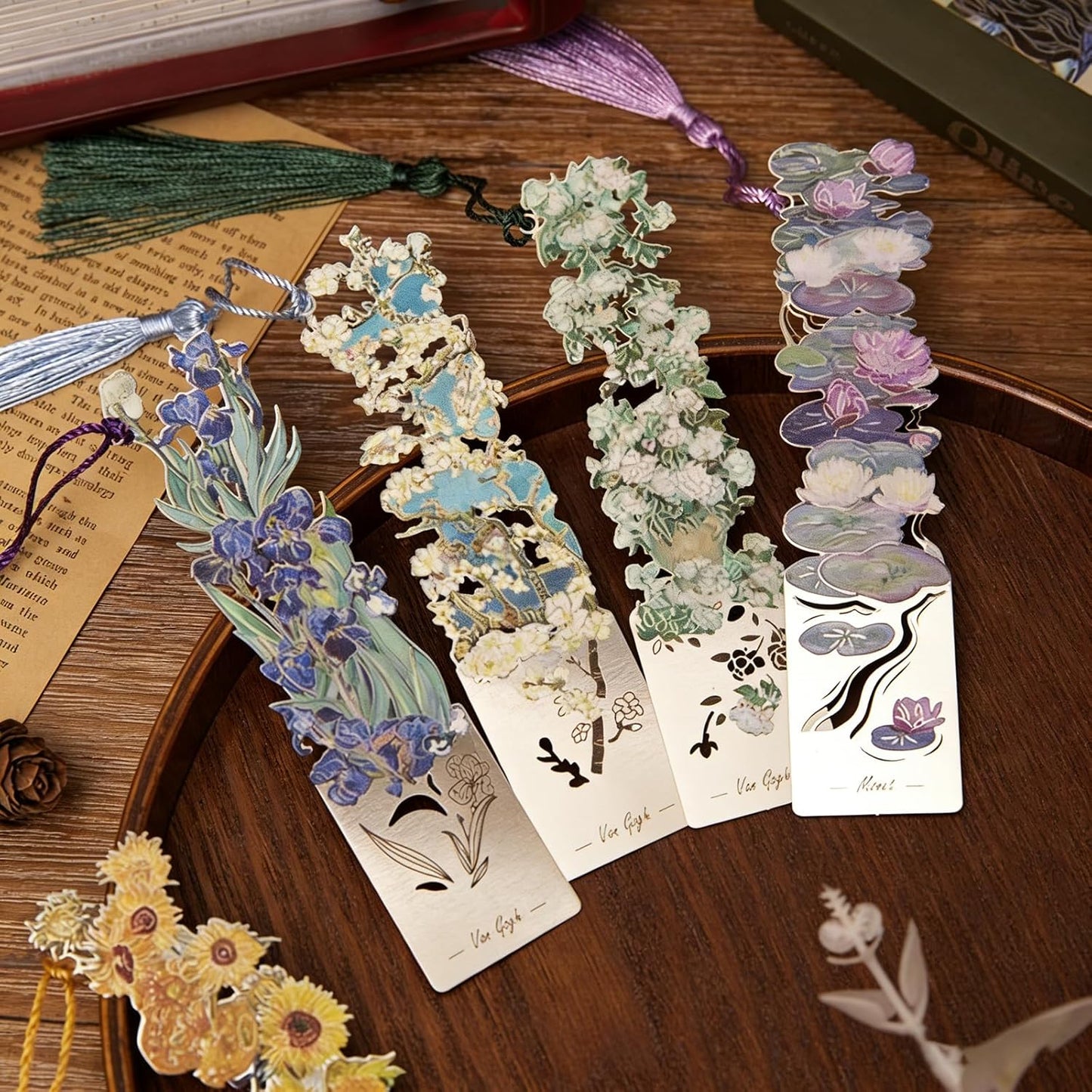 2 Pcs Metal Bookmarks with Tassel, Sliver Hollow Bookmark Van Gogh Oil Painting Theme Bookmark Art Bookmarks for Book Lovers Writers Readers Children Teens Men Women Adults (Blossoms+ Rose)