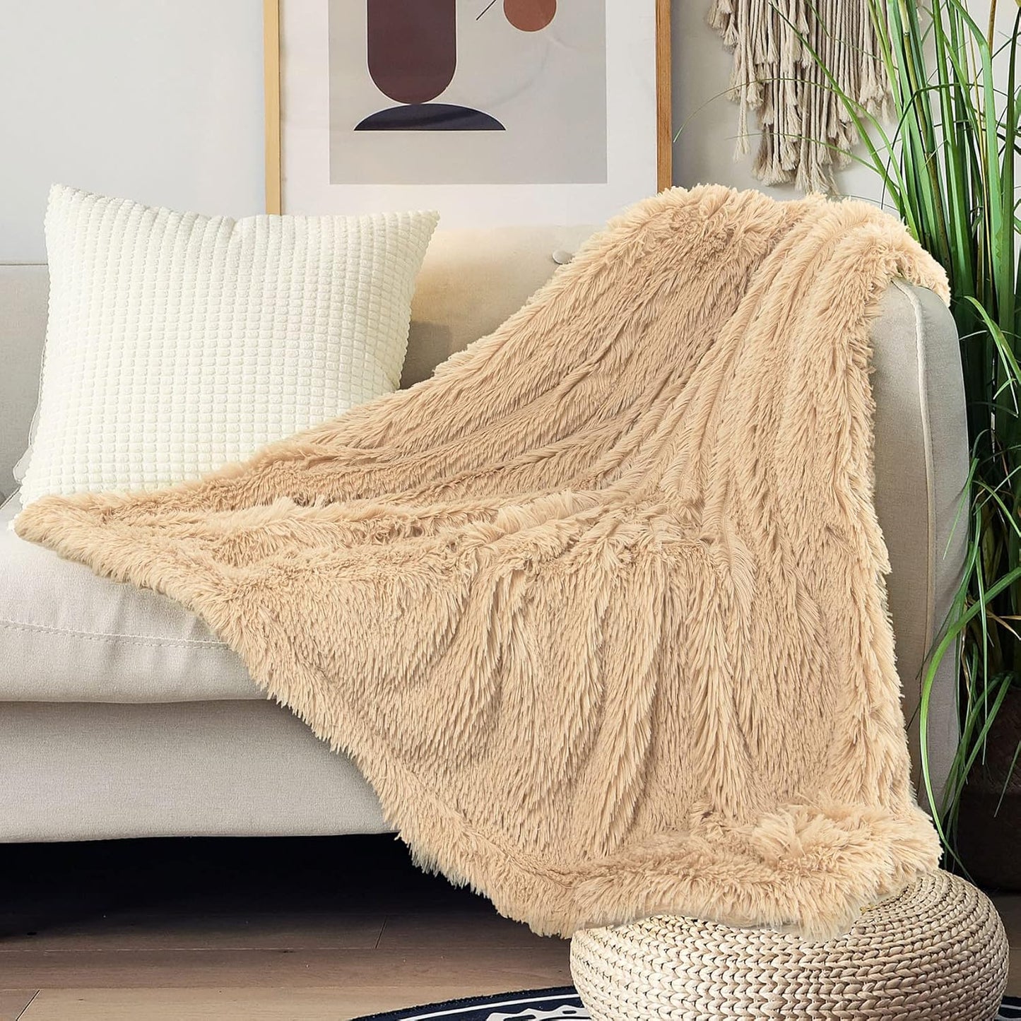 Tuddrom Decorative Extra Soft Faux Fur Throw Blanket 50"x60",Solid Reversible Fuzzy Lightweight Long Hair Shaggy Blanket,Fluffy Cozy Plush Fleece Comfy Microfiber Blanket for Couch Sofa Bed,Apricot