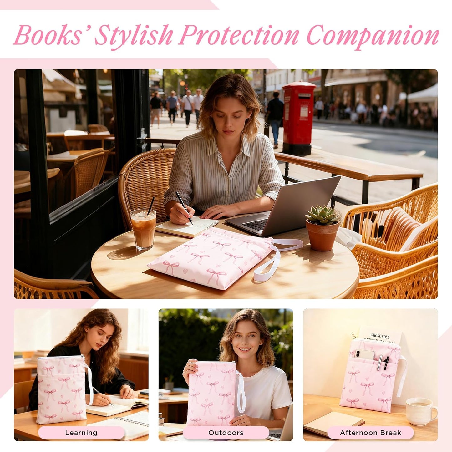 Book Sleeve with Zipper, 11''x 9'' Waterproof Paperback Sleeve for Book Lovers Books Pouch Cover with Handle for Hardcovers Kindle Sleeve for Reader Teacher Women (Light pink bow tie, 11x 9 inch)