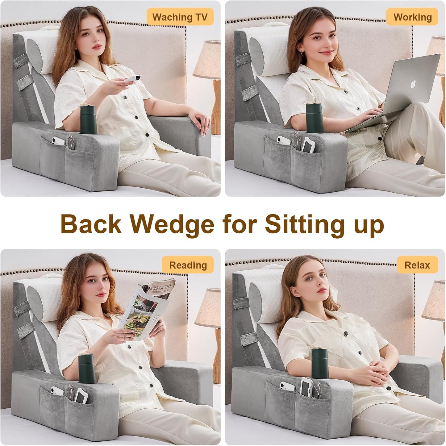 Reading Pillow for Sitting in Bed Adult, Back Pillow for Bed Sitting up with Arms, Pockets and Cup holder, Sit Up Backrest Pillows for Beds Chair Support, Rest Pillow for Gaming (Light gray, 5PCS)
