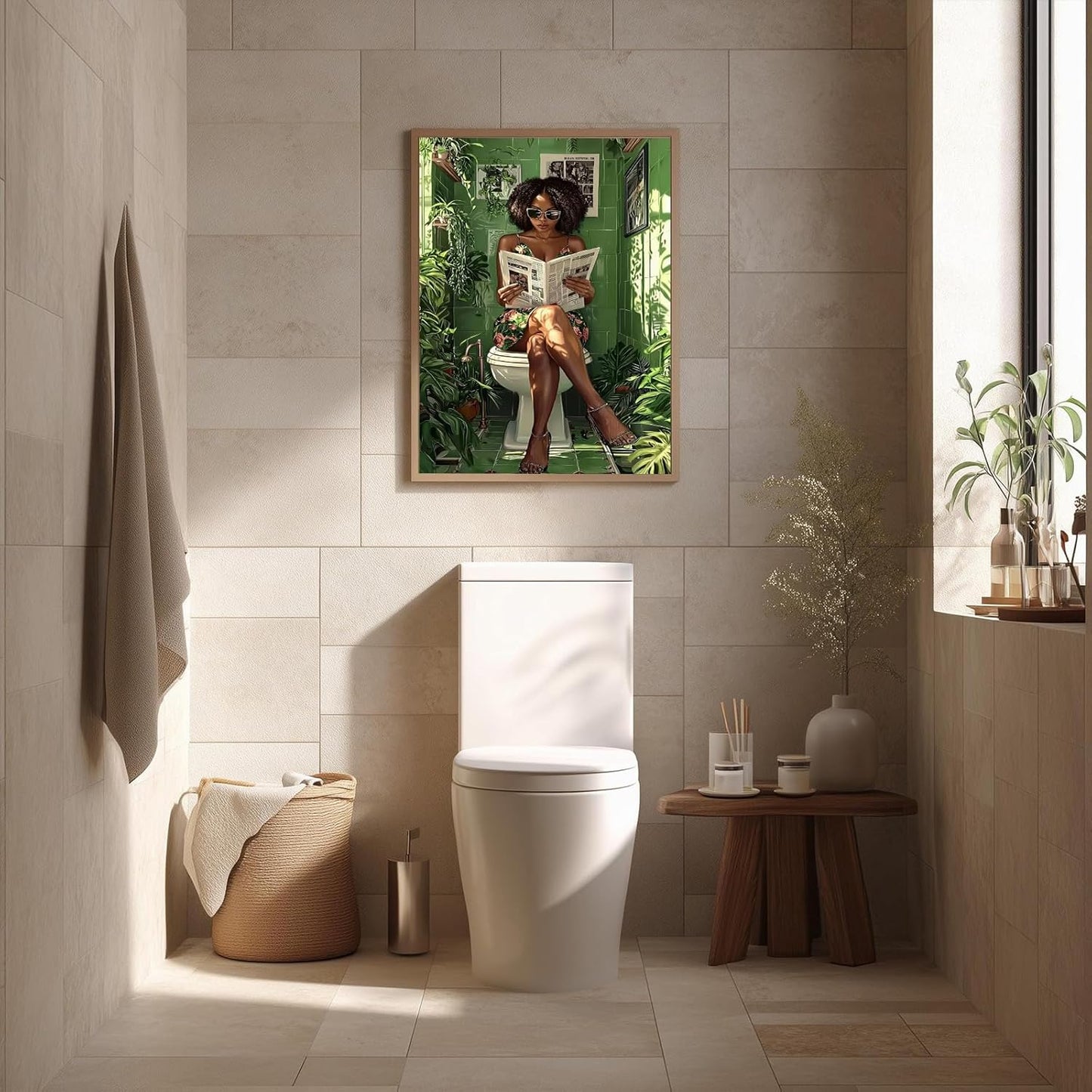 YUECOSHMAO African American Bathroom Decor Wall Art Dark Green Bathroom Mural Art Black Woman Reading in Green Botanical Toilet Poster Black Stylish Aesthetics Room Decoration 16X24 Inch Unframed