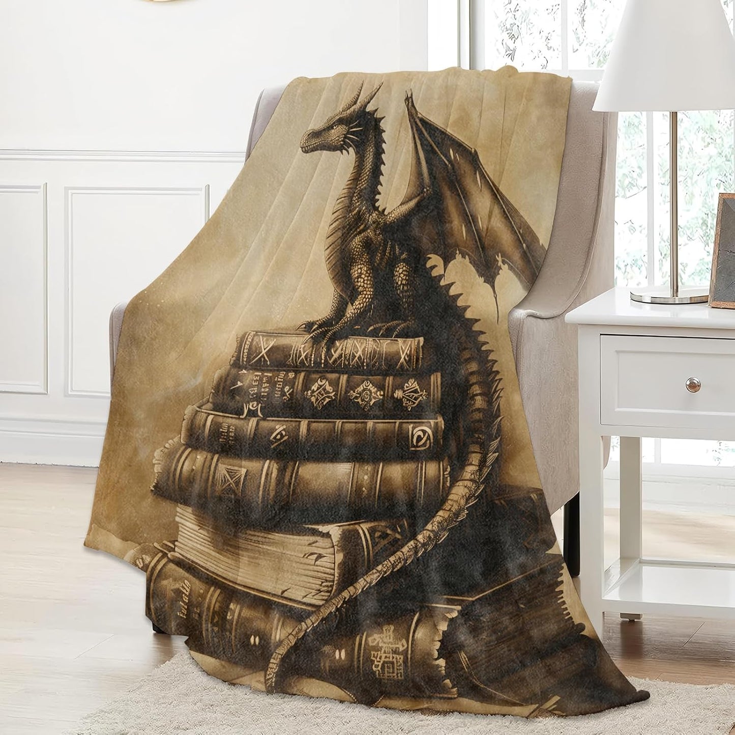 Dragon and Books Throw Blanket Gifts for Women Adults Girls, Soft Fuzzy Warm Cozy Flannel Blankets for Bedroom, Travel, Couch, Home Decor 60x80 in