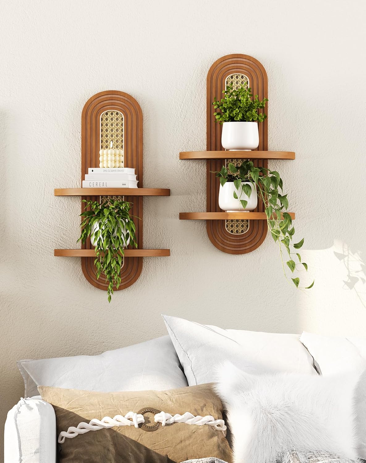 Floating Shelves for Wall,Boho Home Wall Decor,2-Tier Rattan Plant Shelf,Mid Century Hanging Small Decorative Shelf,Natural Wood Shelves for Living Room,Bedroom,House,Office,1-Pack (Walnut)