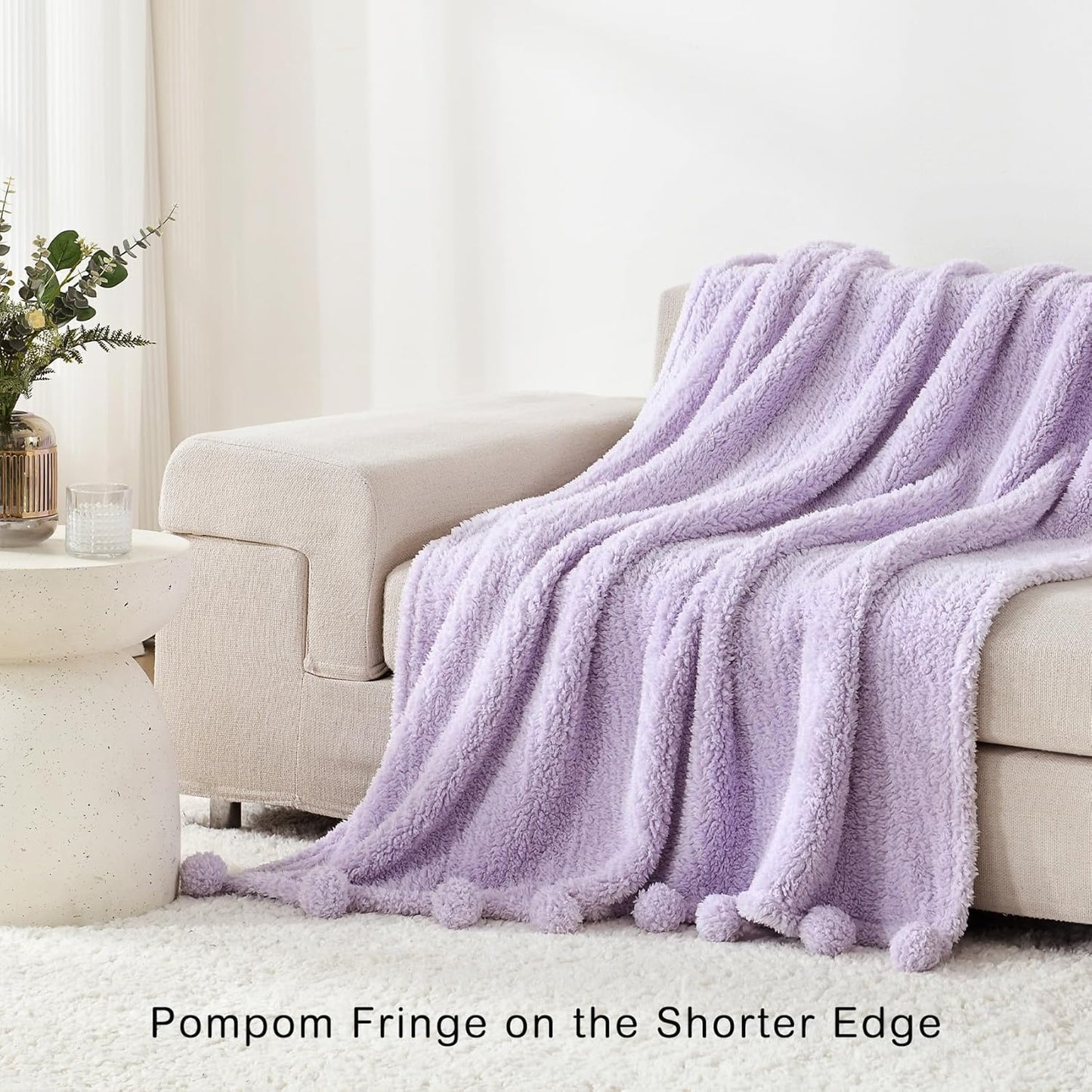 HORIMOTE HOME Ultra Soft Cozy Sherpa Throw Blanket with Pompom Fringe, Light Weight Warm Decorative Boho Style Plush Throw Blanket Cover for Couch, Sofa, Bedroom,Travel, Outdoor, 50”x60”, Purple