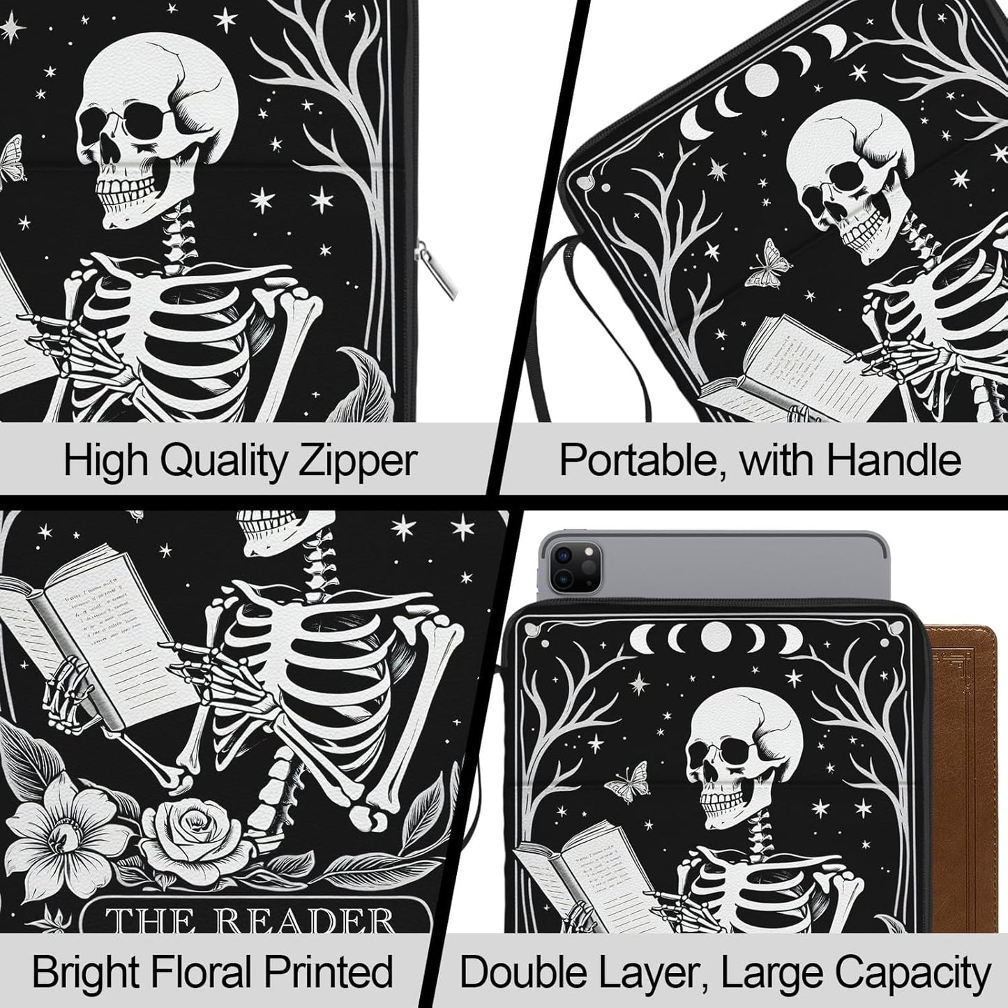 Skull Book Sleeve for Book Lovers, Paperback Book Protector Case, PU Leather Waterproof Book Pouch with Zipper, Gothic Skeleton Print Book Carrying Case for Hardcover, Book Cover for Men Boys