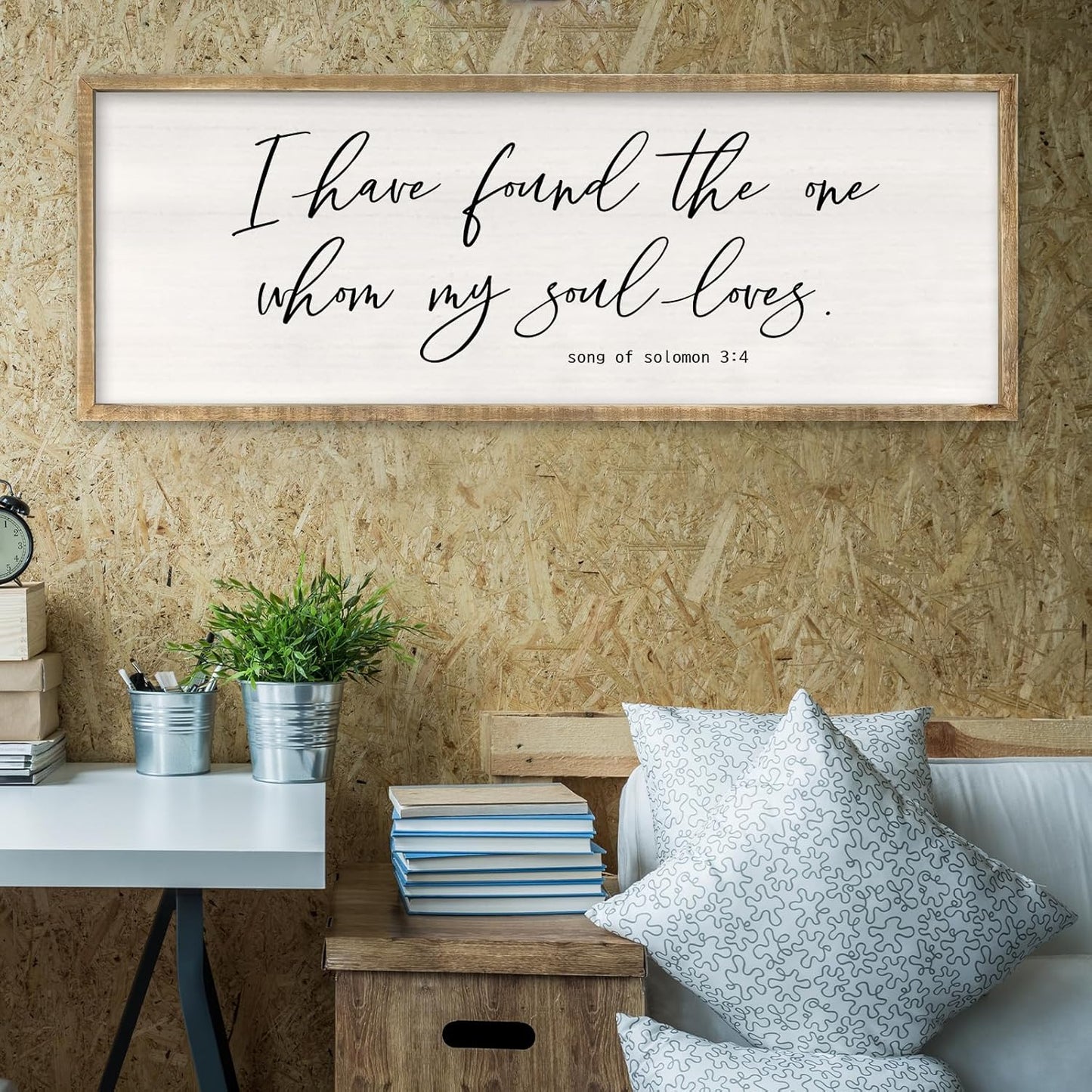 RLWangChao Inspirational Christian Wall Decor I Have Found the One Whom My Soul Loves Sign 32×12 Inch Song of Solomon 3:4 for Master Bedroom Above Over Bed Large Wood Framed Wall Hanging Art (Wood)