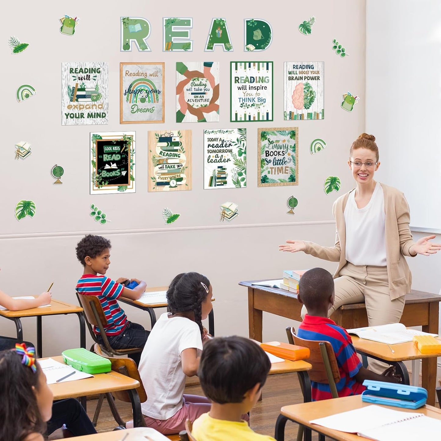45 PCS Reading Bulletin Board Sets Eucalyptus Classroom Decor Bulletin Board Poster Greenery Classroom Decor for School Classroom Office Home Nursery Library