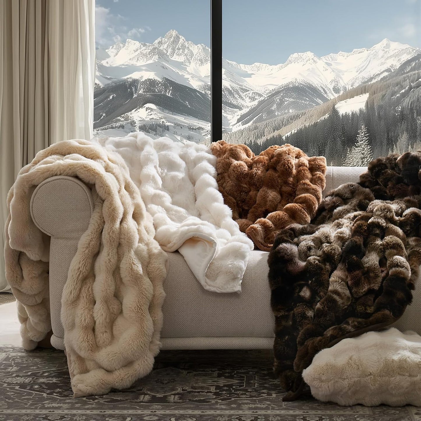EverGrace Ultra Soft Luxury Fluffy Faux Rabbit Fur Throw Blanket, Thick Warm Bubble Throw for Bed, Cozy Plush Reversible Blankets for Couch, Chair, Sofa, Cream, 60x80 Inches