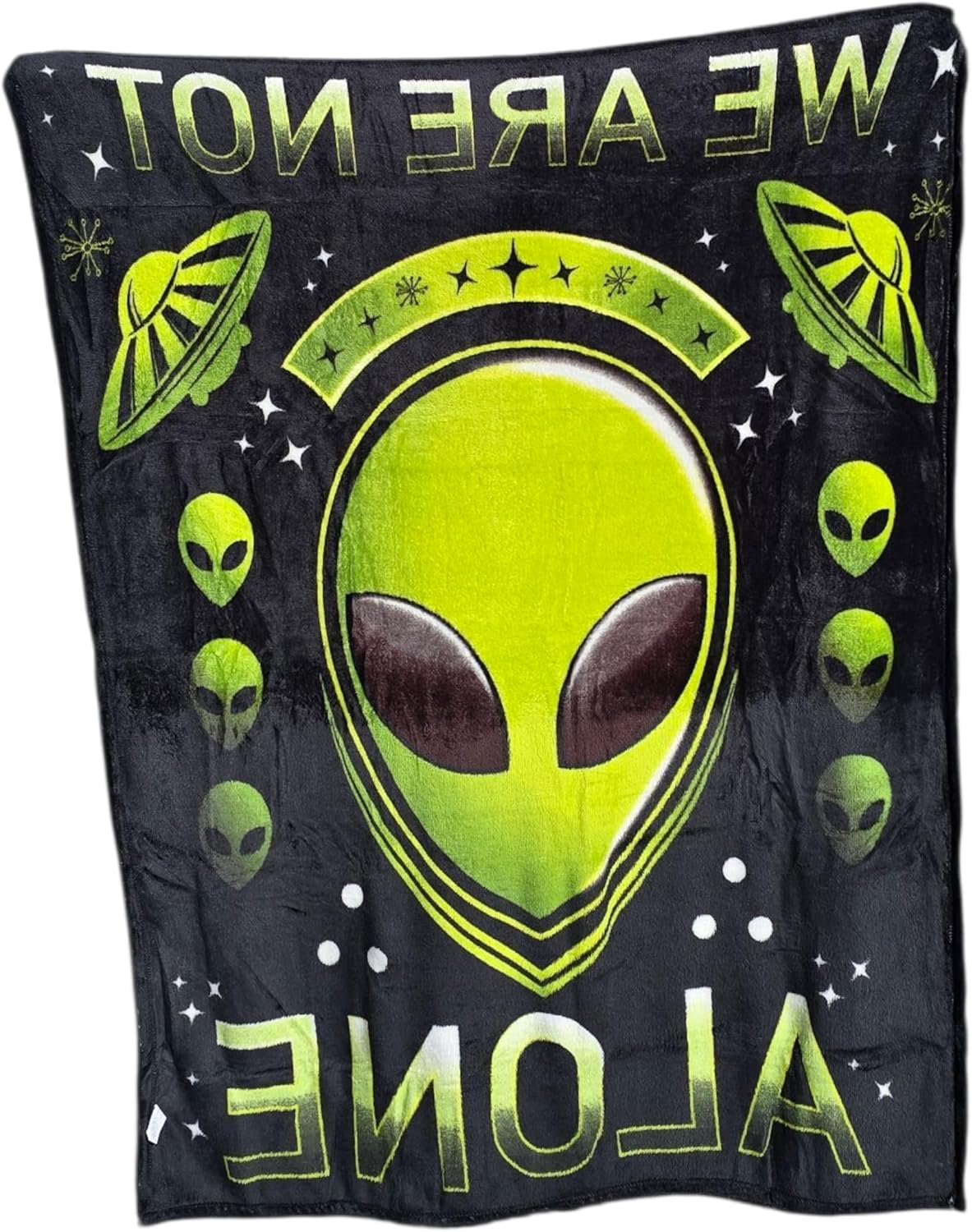 Green and Black Alien Blanket - We are Not Alone (50" X 60") UFO UAP Flying Saucers Stars Roswell Disc. Soft Warm Bedroom Throw Fleece Blanket.