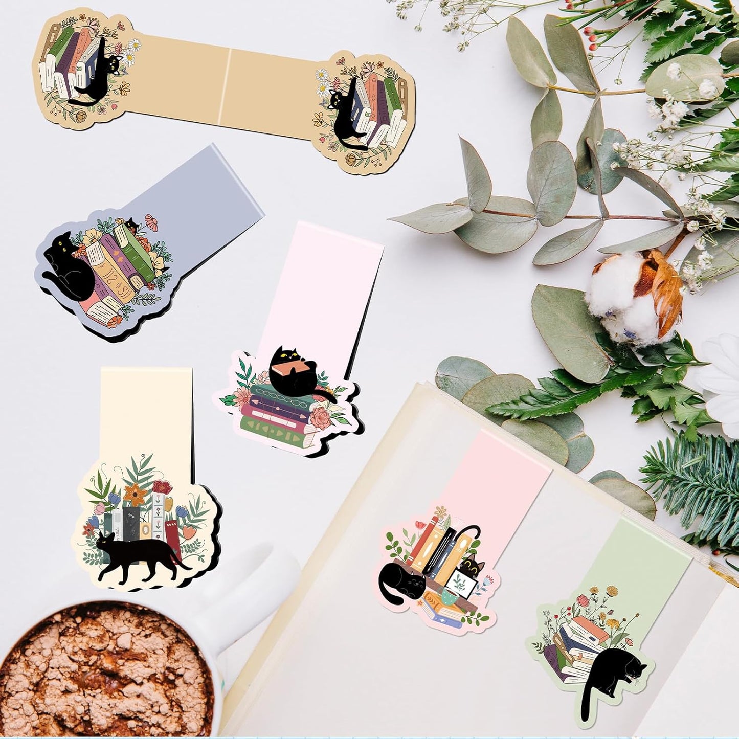Black Cat Magnetic Bookmarks - 8 Pcs Floral Magnetic Bookmark Plant Bookmark Magnets Page Clip Gifts Book Mark Magnets Cat Lover Gifts for Book Lovers Students Teacher Reading Book Mark