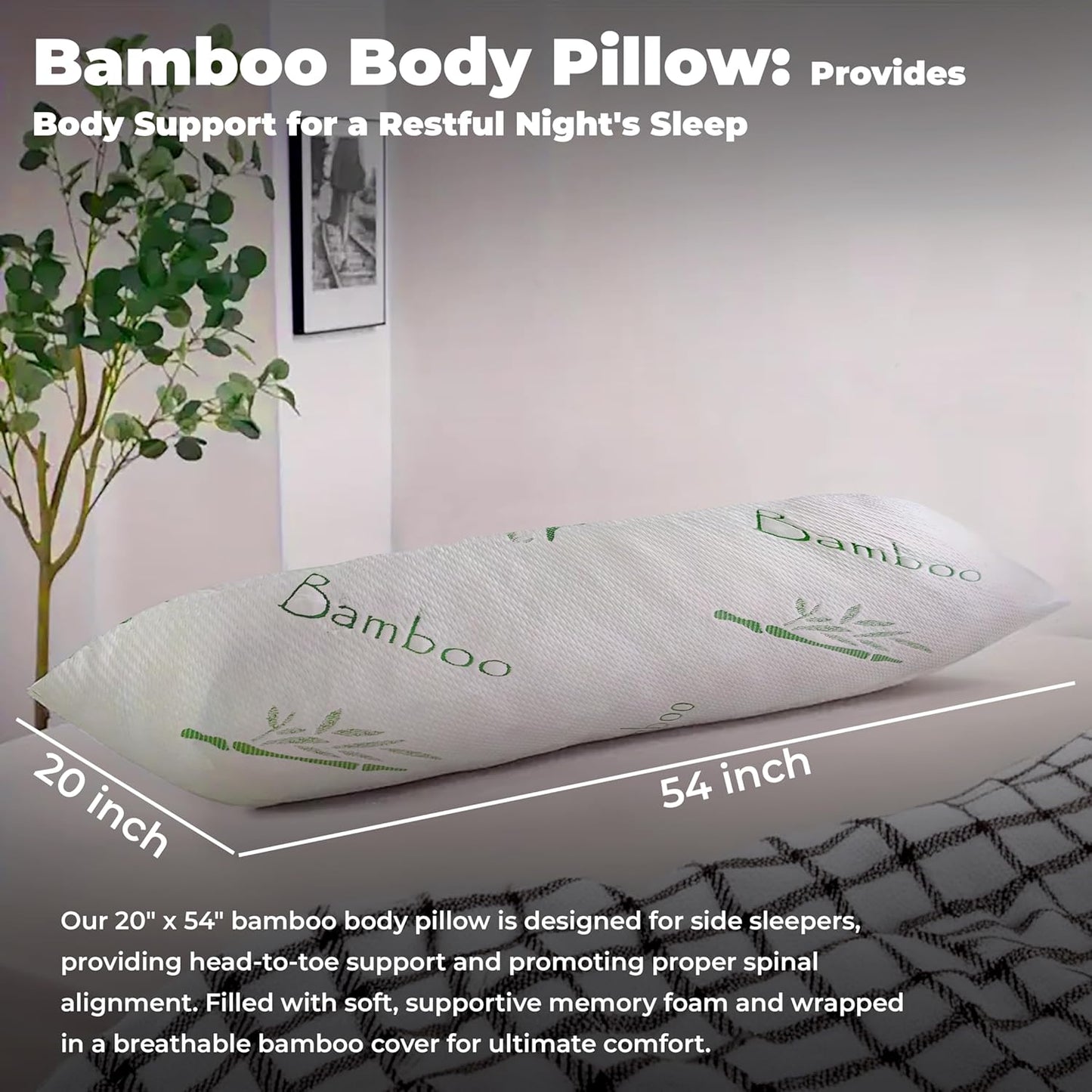 OMEO Full Rayon Bamboo Fiber Pillow Memory Foam Body Pillow for Side Sleeper, Huggable Long Body Pillow for Adults with Washable Pillowcase with Zipper, 20x54 Inch