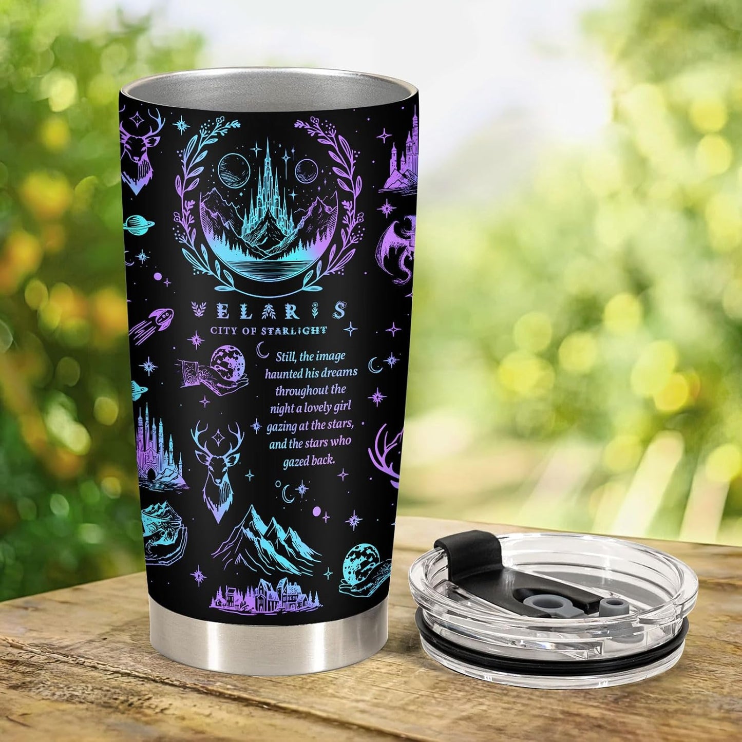 34HD Galaxy City of Starlight Tumbler 20oz Stainless Steel Insulated - Fantasy Book Lover Gift for Readers - Double Wall Vacuum Travel Mug Black Deer Castle