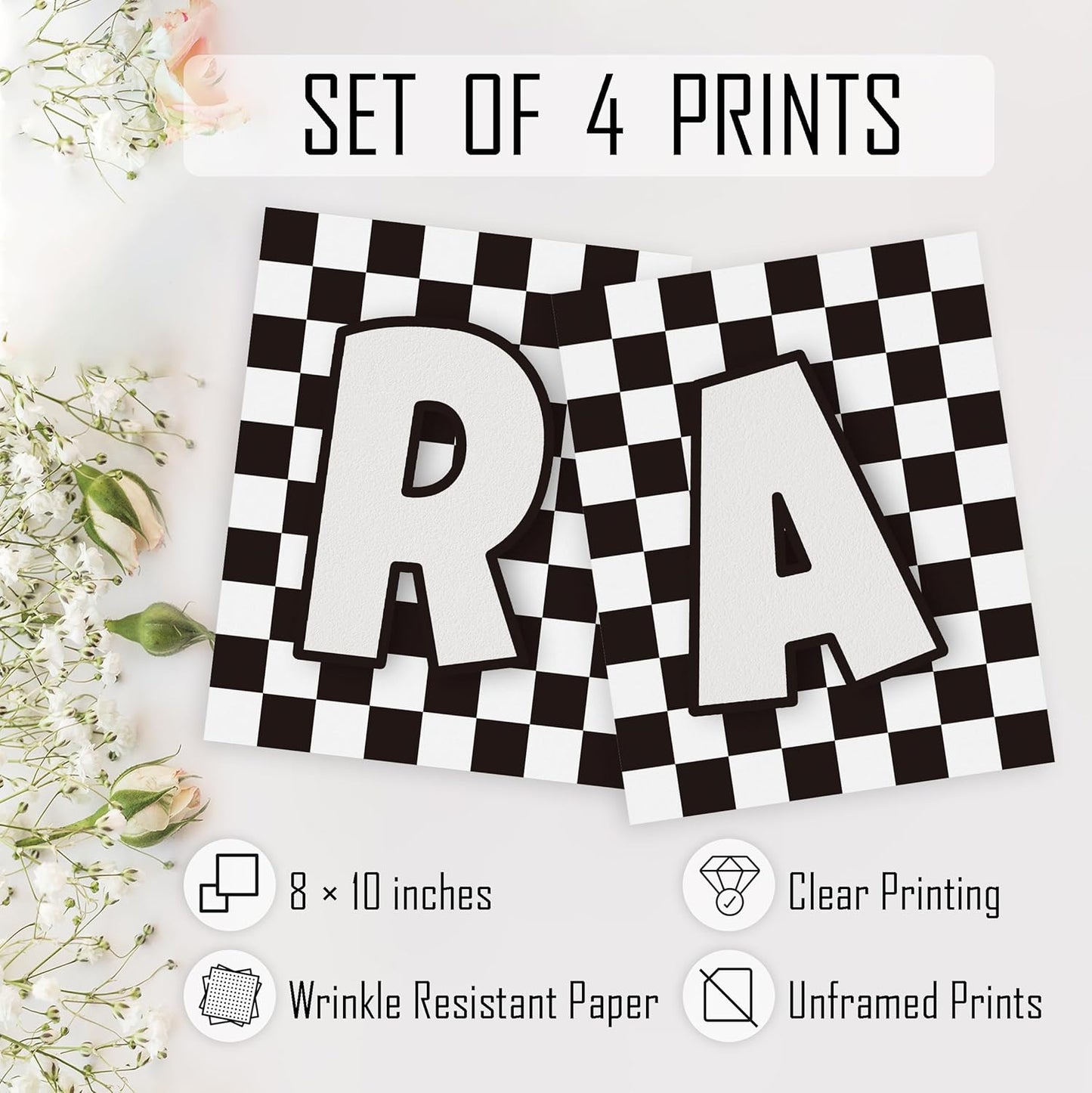 HRQKO Read Checkered Wall Art Poster Prints Set of 4, Reading Corner Decor, Black and White Reading Artwork Printing Posters Wall Decor, Read Sign Prints for Kids Boys Room Playroom 8”x10” Unframed