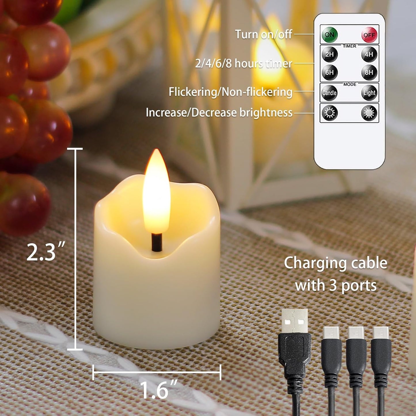 Rechargeable Flameless LED Remote 1.6" x2.3" Tea Light Candles, Flickering Fake Plastic Ivory Cycle Timer 6 Pack Small Mini Votive Tealight Candles with Charging Cable