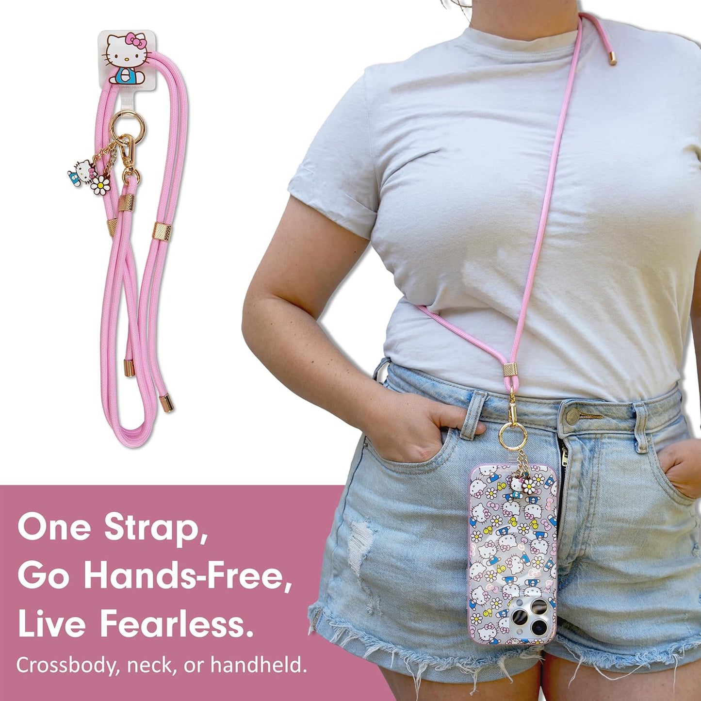 Sonix x Sanrio | Crossbody Phone Strap with Charms | Adjustable, Universal Cell Phone Rope Strap Lanyard | Pink Cord | Hello Kitty Pink Bows