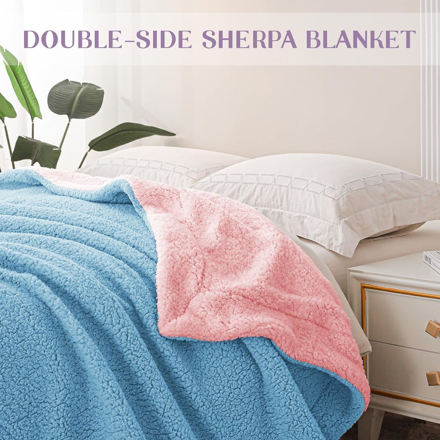 Exclusivo Mezcla Reversible Sherpa Throw Blanket for Couch, Thick and Warm Fleece Blankets for Winter, Soft Plush Fluffy, 50x60 Inches, Blue/Light Pink