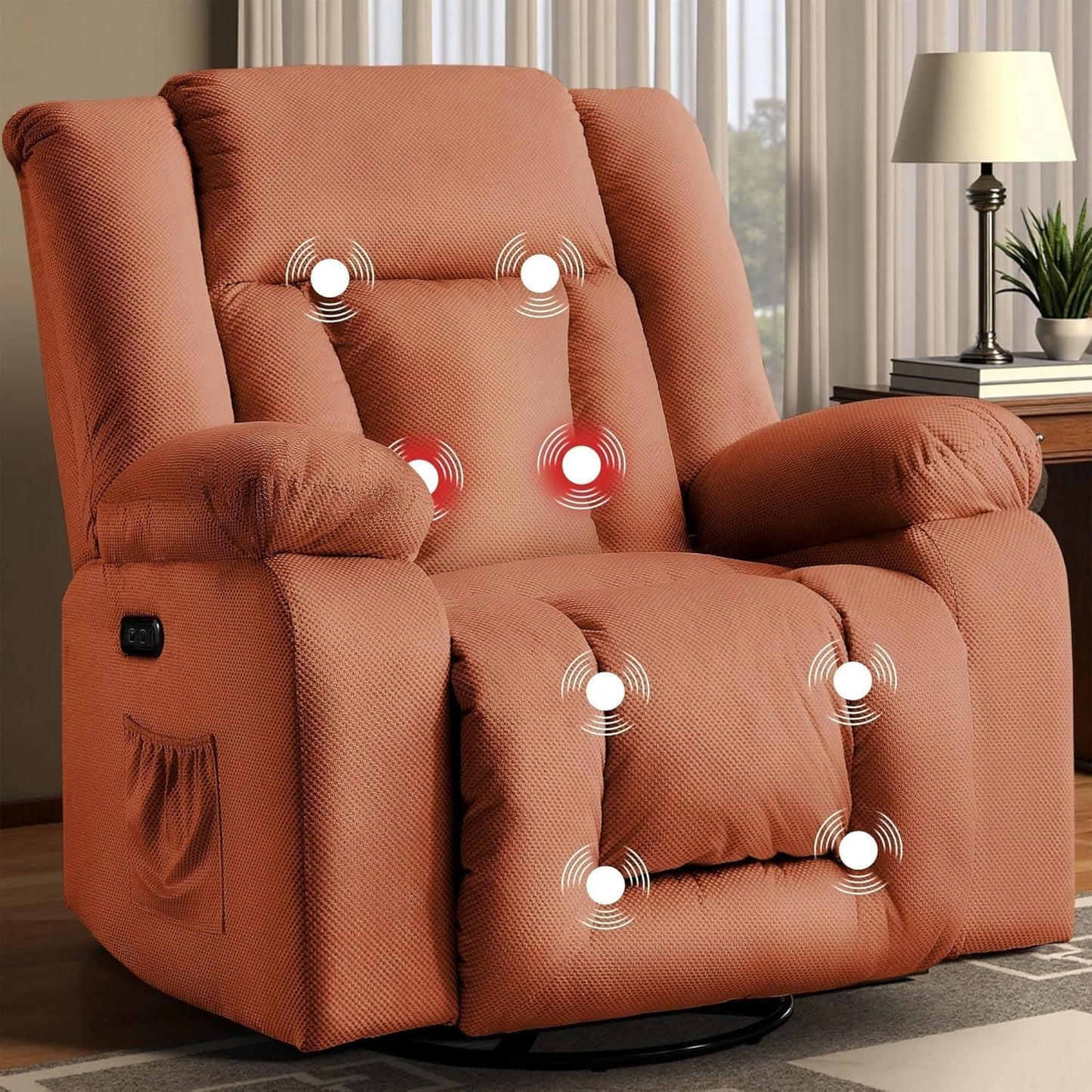 Swivel Rocking Chair with Heat and Massage Modern Electric Rocker Recliner Chairs with Extra Wide Fabric for Living Room Bedroom Meeting Home Theater