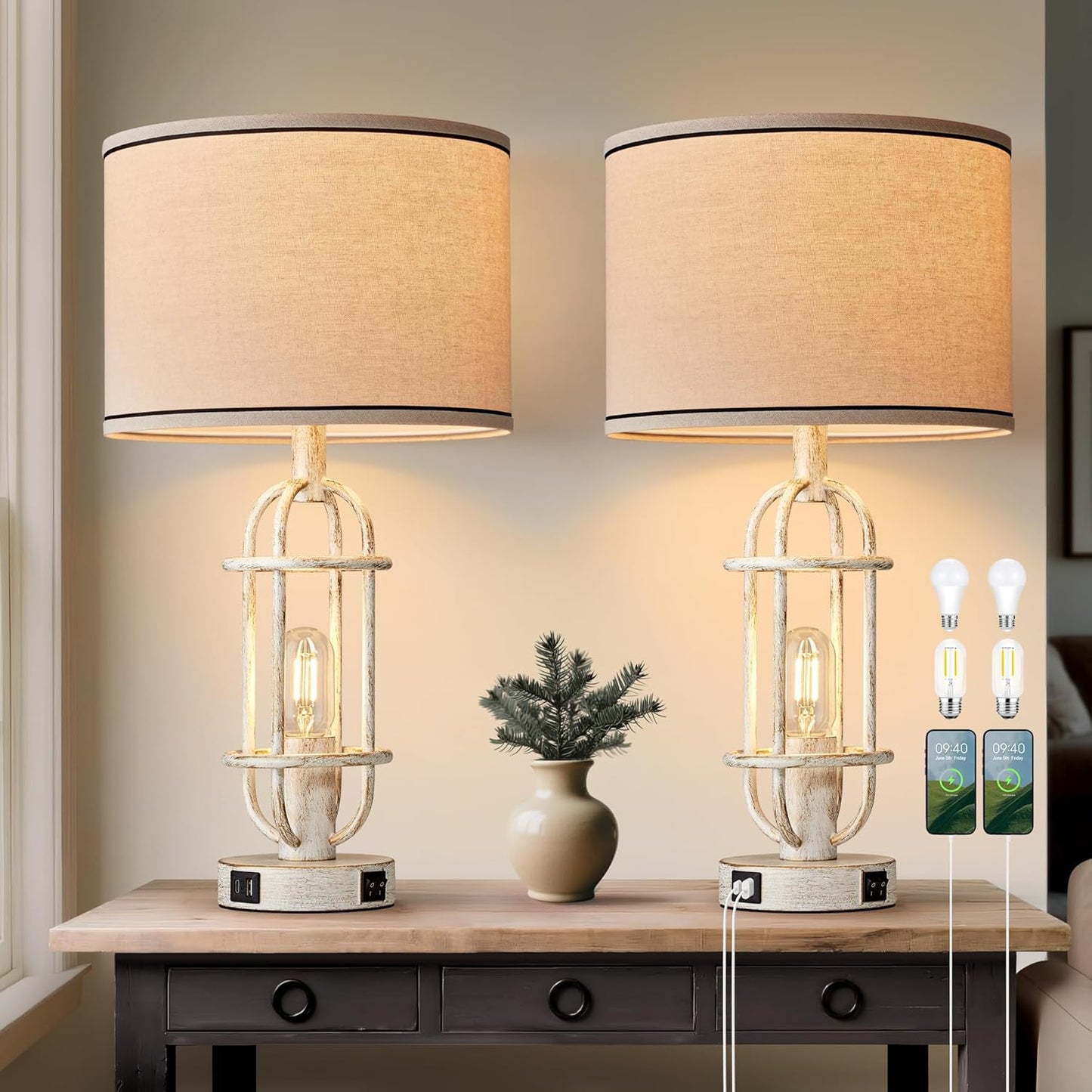 22.3" Farmhouse Table Lamps Set of 2, Vintage Lamps for Living Room End Tables, Bedroom Lamp for NightStand with USB C+A Ports, Antique White