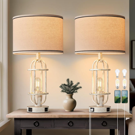 22.3" Farmhouse Table Lamps Set of 2, Vintage Lamps for Living Room End Tables, Bedroom Lamp for NightStand with USB C+A Ports, Antique White