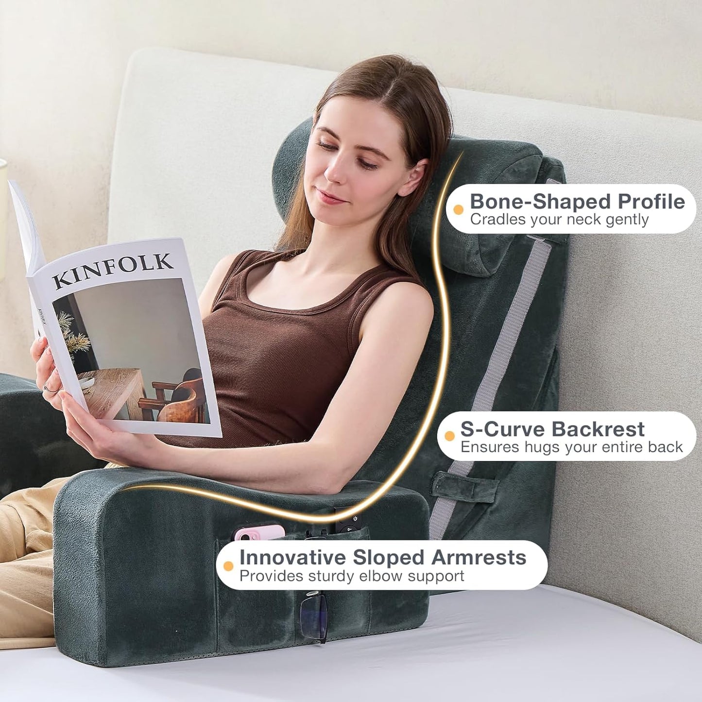 Sasttie Reading Pillow with Armrests, 15–25 Inch Adjustable Back Support Pillow for Bed Sitting Up, Memory Foam Back Rest Cushion Bed Chair for Reading, Gaming & Relaxing, Dark Grey