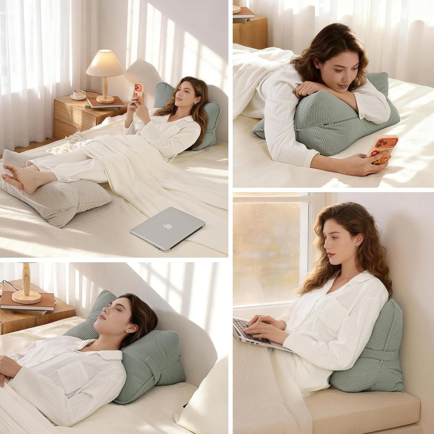 Corduroy Lumbar Support Back Pillow for Sitting Up & Reading, Ergonomic Triangle Back Support Cushion for Sofa, Armchair & Bed, Removable Washable Cover, Grey Green