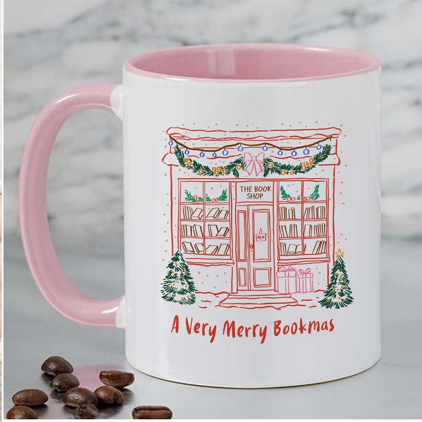 A Very Merry Bookmas Christmas Book Lover Coffee Mugs, Xmas Two-Tone Accent Ceramic Cups, Holiday Gifts, 11oz 15oz