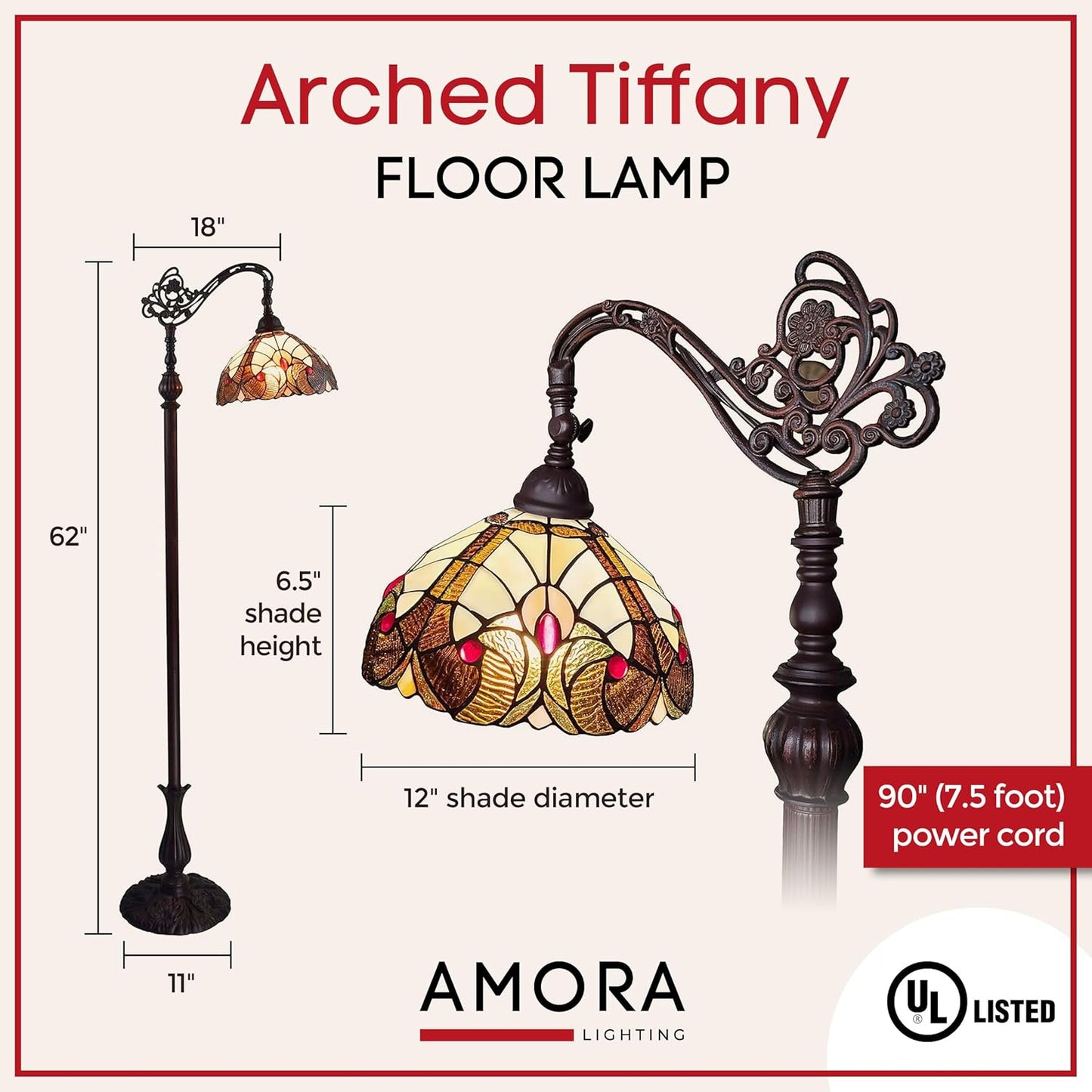 Amora Tiffany Style Floor Lamp Arched Vintage Antique 62" Tall Stained Glass Brown Red Tan Traditional Light Decor Bedroom Living Room Reading Gift AM344FL12 Lighting