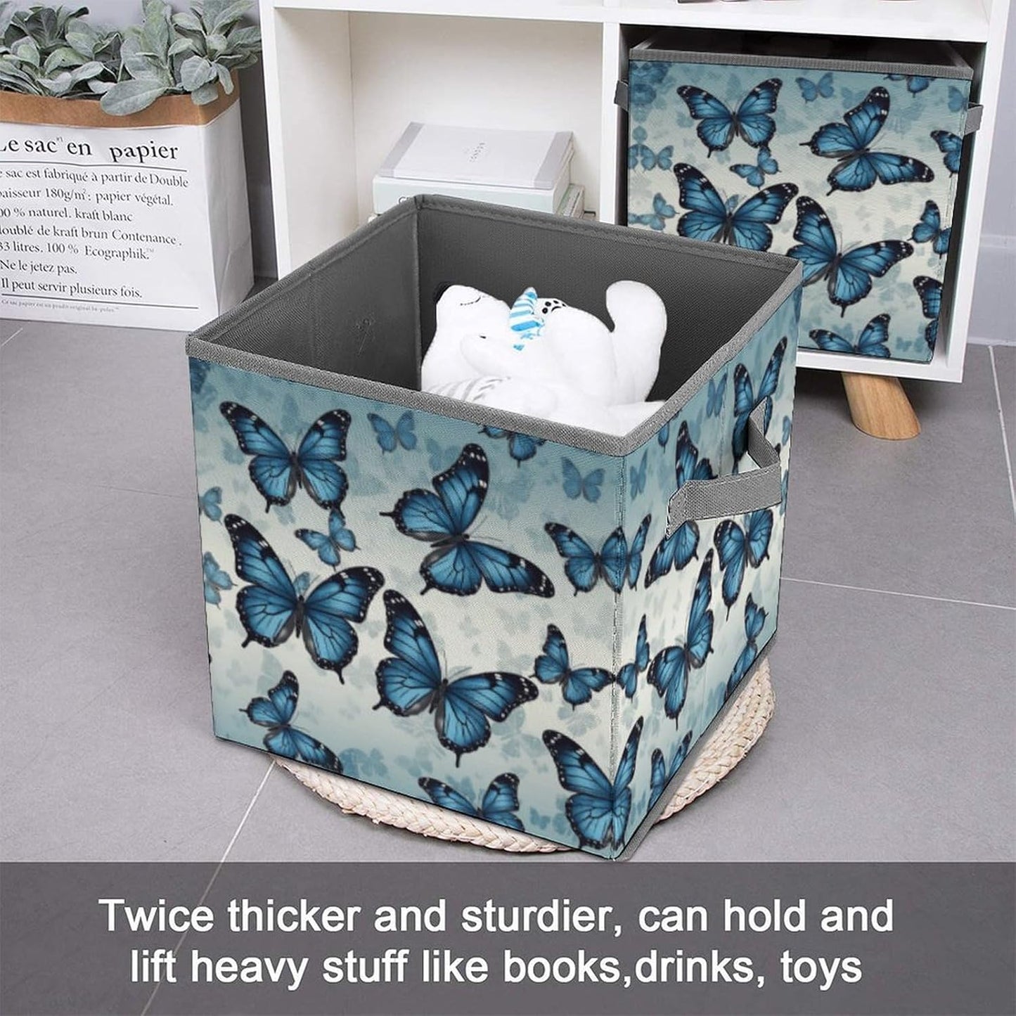 Blue Butterfly Storage Bins with Handles Fashion Large Storage Cubes Sturdy Foldable Storage Boxes Space-Saving Storage Baskets for Home Office Clothes Closet Organizers