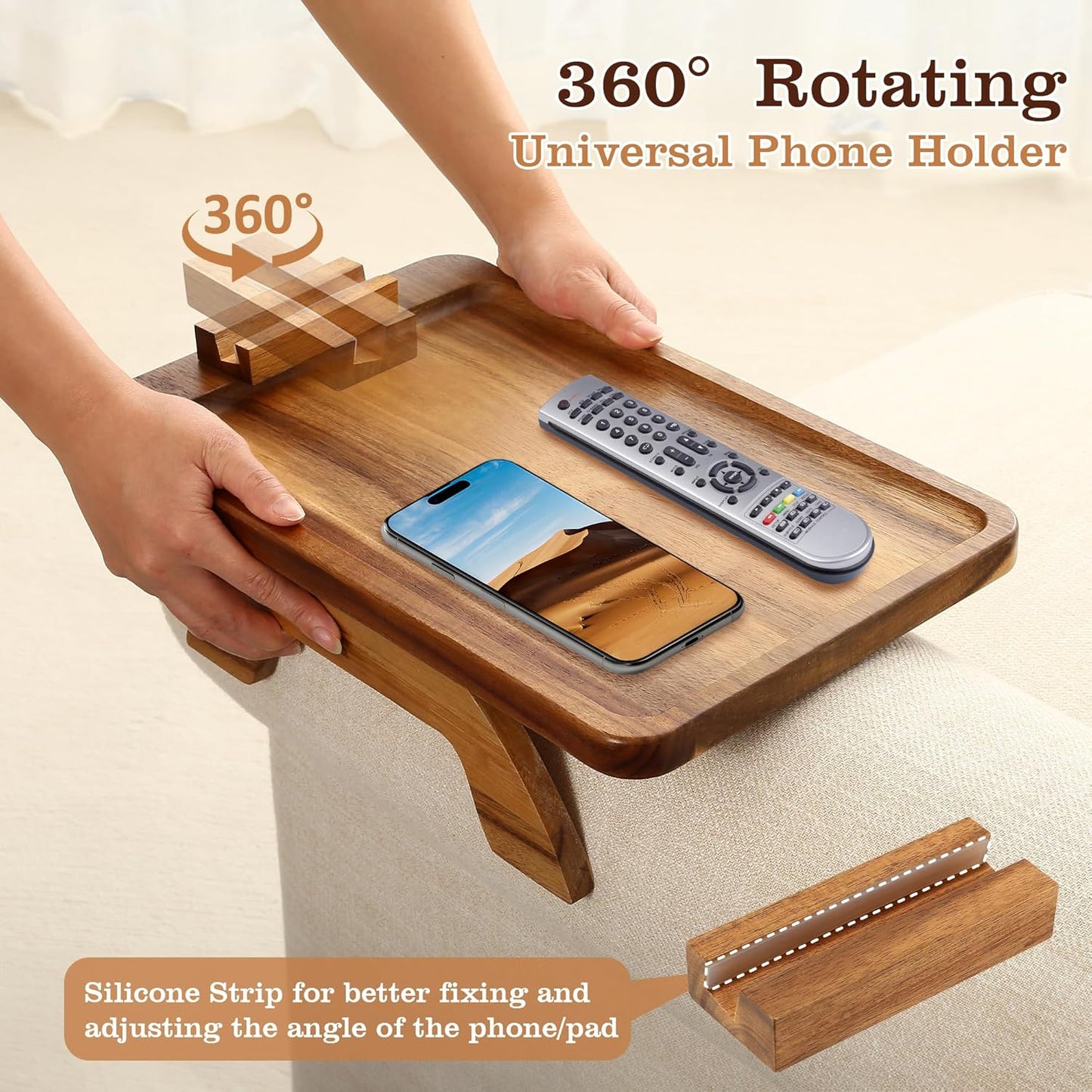 Acacia Wood Couch Armrest Table,Sofa Arm Tary Table for Living Room,Sofa Armrest Tray with Rotated Phone Holder,Clip on Arm Rest Tables for Couch,Foldable Side Tables Serving Trays for Eating&Drinking