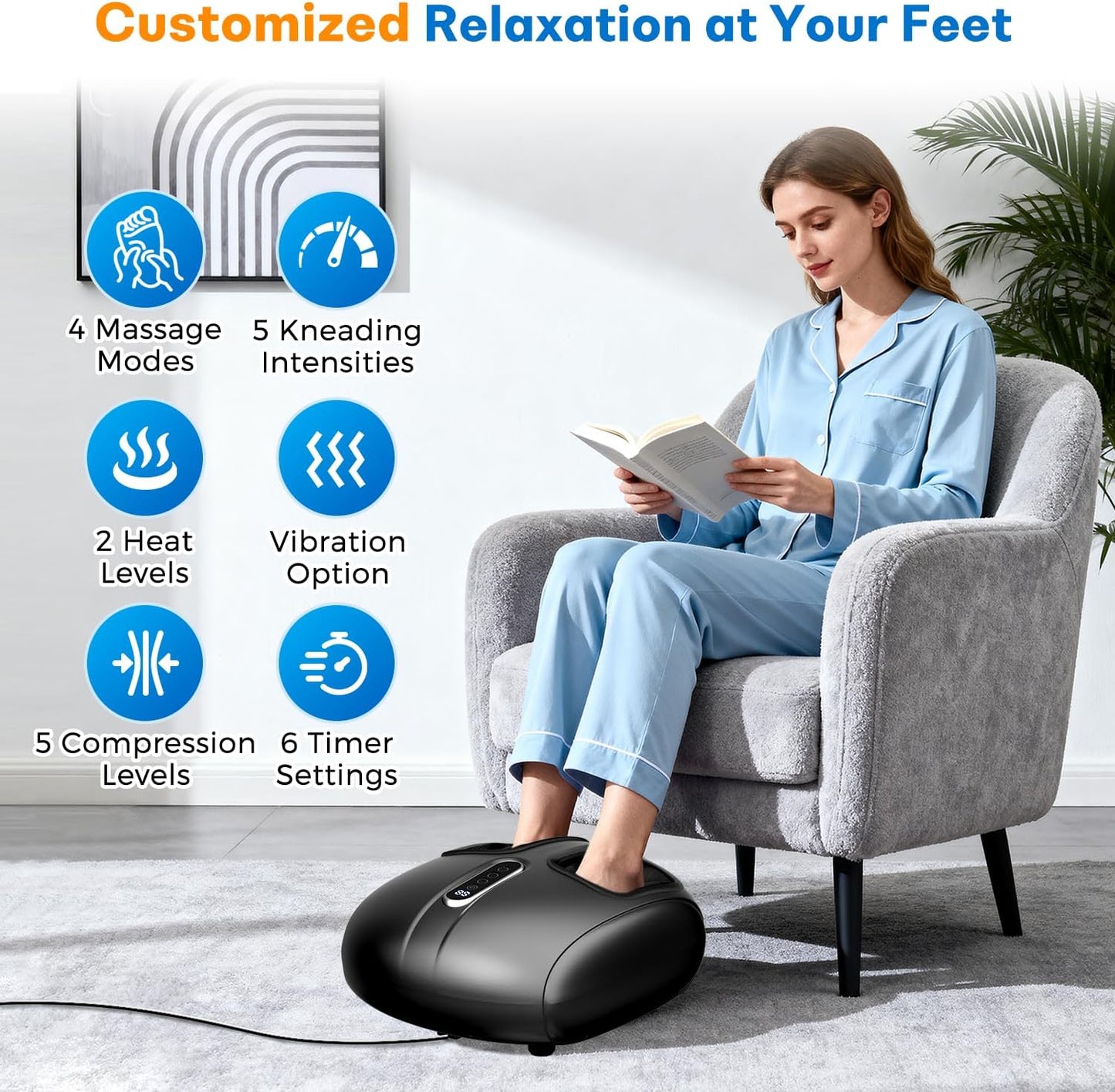 Shiatsu Feet Massager, Foot Massager with Heat, Deep Kneading, Vibration and Air Compression for Plantar Fasciitis, 2 Heat Levels, Birthday Gifts for Women Mom Dad