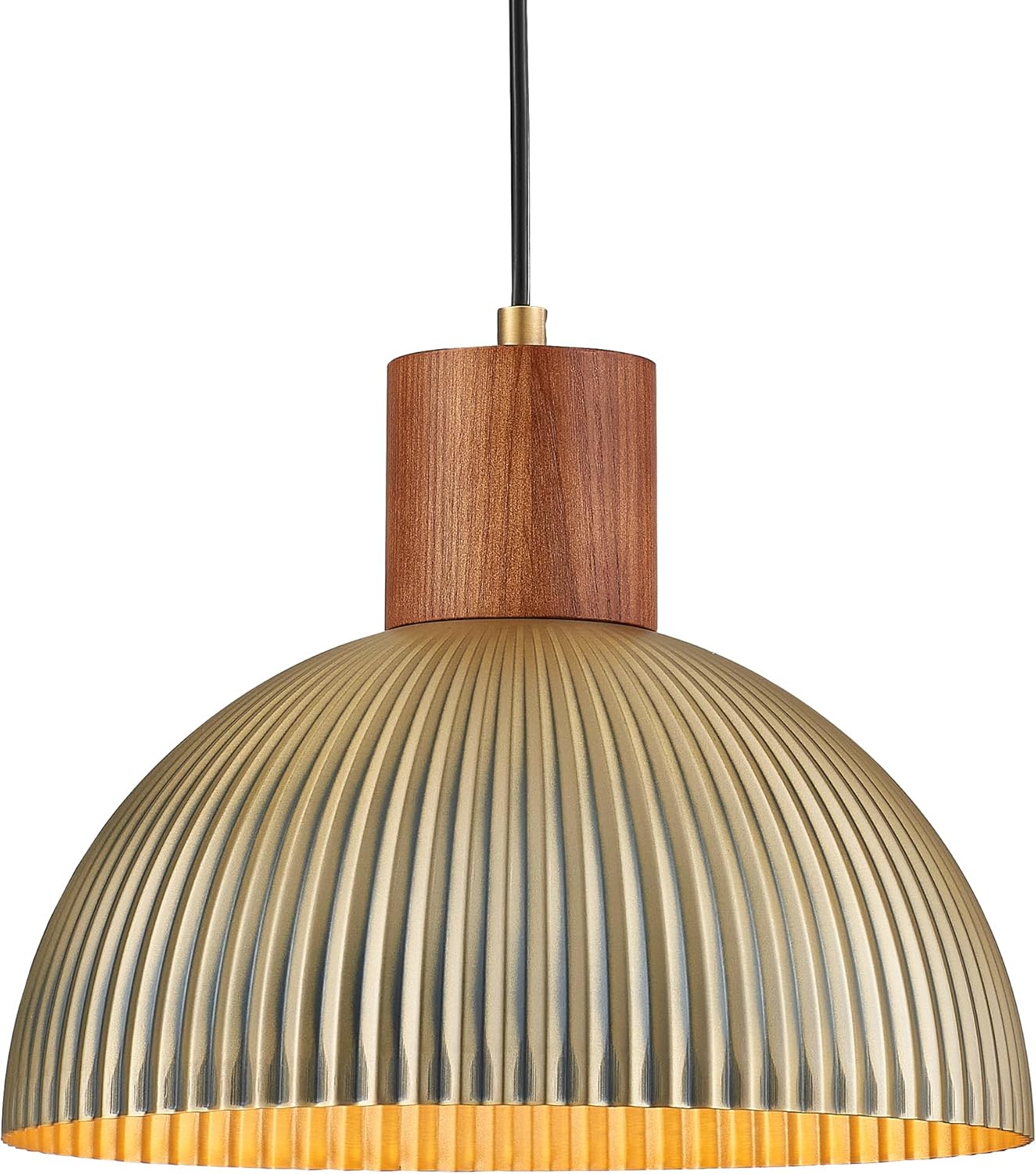 ELYONA Vintage Ash Wood Dome Pendant Light 12" Hanging Lamp with Brushed Brass Metal Shade & Gold Inner Finish, Modern Pendant Light Fixtures for Kitchen Island Dining Room Bedroom Living Room Hallway