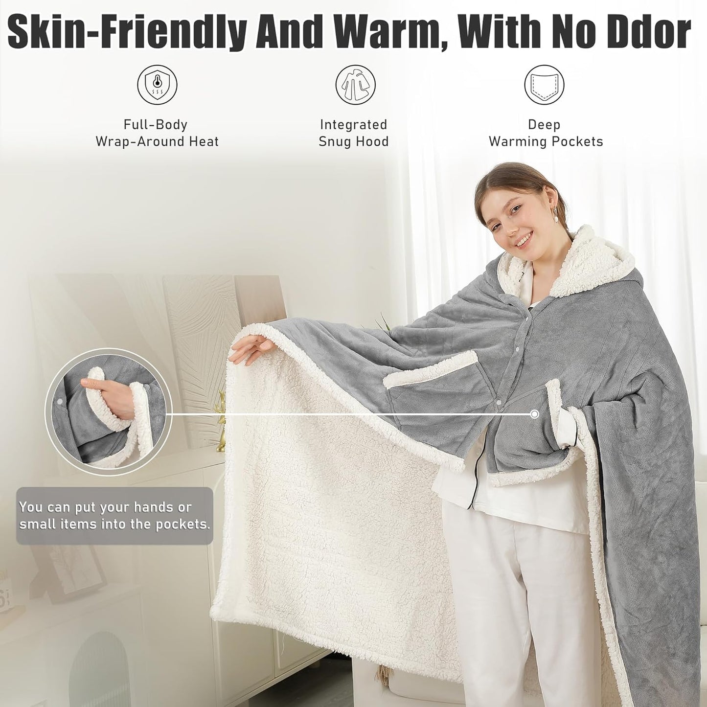 Heated Blanket Wearable Shawl - Electric Wrap Poncho Heated Throw Blanket with Hand Pockets, 50 * 64", 6 Heating Levels & 1-4H Timer, Ideal for Family, Light Grey
