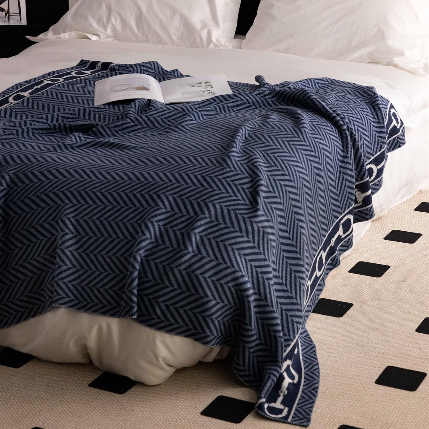vctops Herringbone Wool Blend Throw Blanket for Couch Knitted Reversible Bed Blankets All Season Use Soft Warm Cozy Lightweight Throws for Sofa, Bed, Picnic (Blue Grey,51"x63")