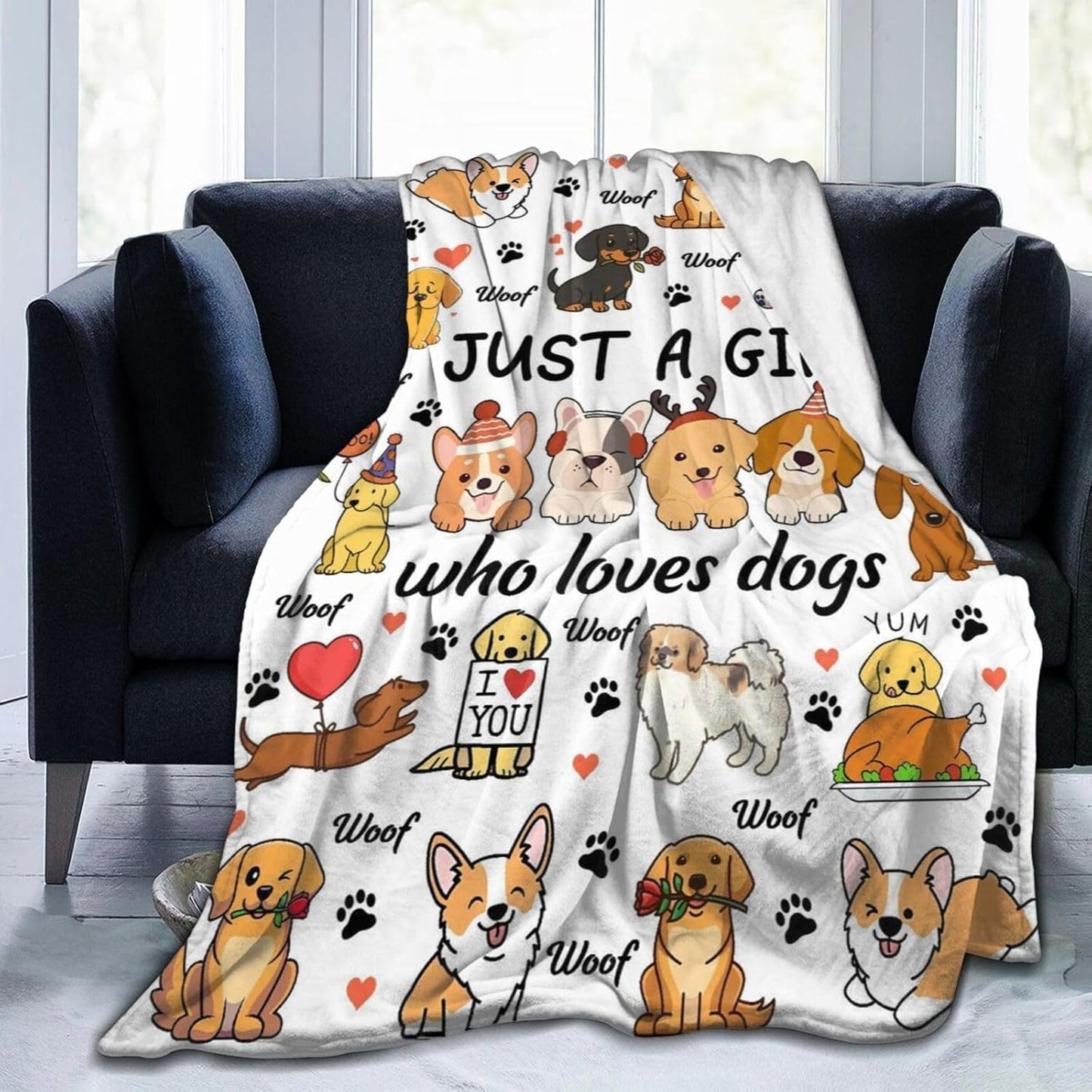 Funny Dogs Puppy Blanket Gifts for Women Just A Girl Who Loves Dogs Soft Cozy Throw Blanket Gifts for Dog Lovers Girls Kids Boys Bedroom Sofa Couch Decor 60"X50"
