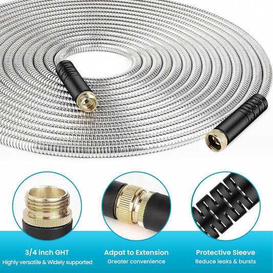 LINODI Metal Garden Hose, 100ft Stainless Steel Garden Hose – 3/4" GHT Solid Brass Connectors – Heavy Duty Flexible Metal Water Hose with 10-Way Spray Nozzle – Kink-Free Watering Kit