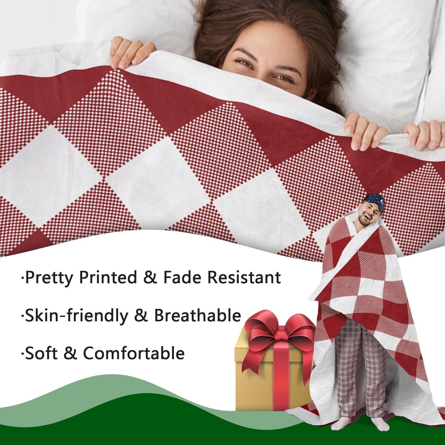 Christmas Red White Buffalo Plaid Check Flannel Throw Blanket, Xmas Birthday Gifts for Kids Men Women, Winter Holiday Soft Blankets for Bedding Sofa 50 x 60 Inches
