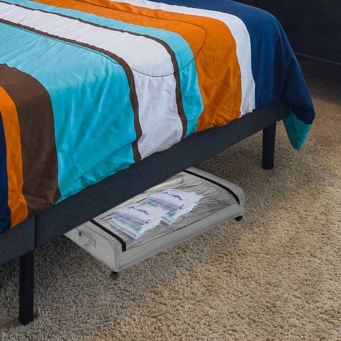 FAVOMOTO Bed Storage Organizer with Wheels, Grey Metal Rolling Clothes and Shoe Storage Rack with Fabric Cover Base for Bedroom Space Saving