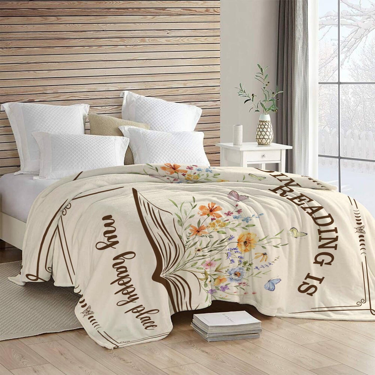 Book Lover Gifts for Women, Reading is My Happy Place Throw Blanket, Floral Book Butterfly Fleece Blanket for Reading Nook Couch, Cottagecore Librarian Teacher Gift 50x60 Inch