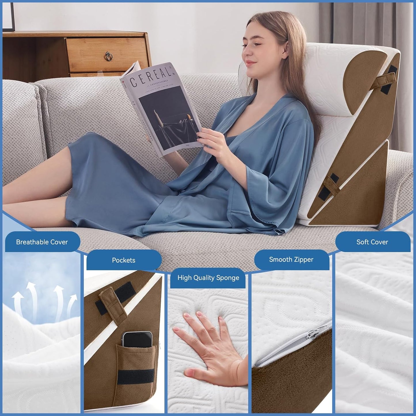 Wedge Pillow Set for After Surgery, 3 PCS Bed Wedge Pillow for Sleeping, Memory Foam Orthopedic Back Pillow for Pain Relief and Acid Reflux, Adjustable Post Surgery Pillow Brown