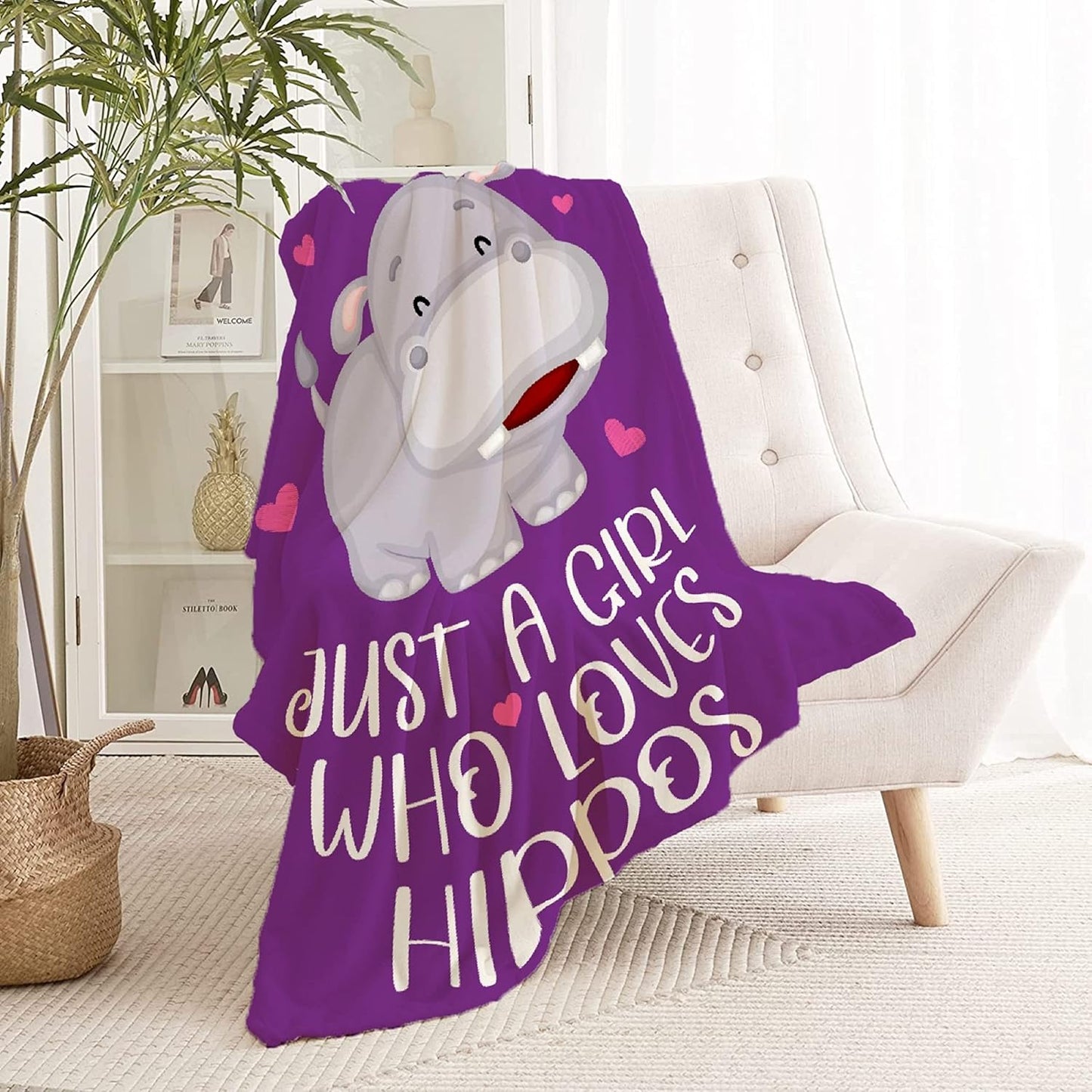 Hippo Blanket Hippo Gifts for Women Girls Just A Girl Who Loves Hippos Soft Cozy Lightweight Flannel Purple Throw Blankets Hippo Decor Indoor Outdoor Small (50 in x 40 in)